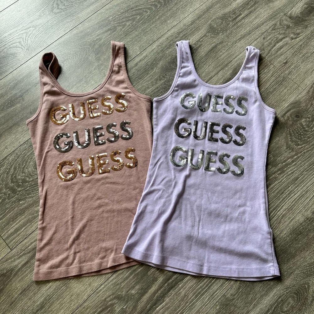 GUESS Women's Sequin Logo Tank Tops - Pink and Lavender